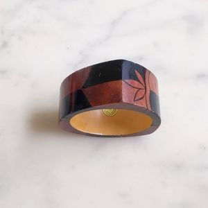 Vintage 1.25" Wide Floral and Pattern Two Tone Painted Wooden Bangle Bracelet.
